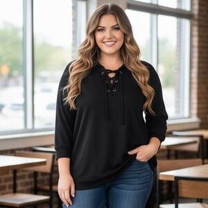 Cyrus Hoodie Shirt, Size OX, Lace Tie Front,‎ 3/4 Sleeves, Stretch, Knit, Black